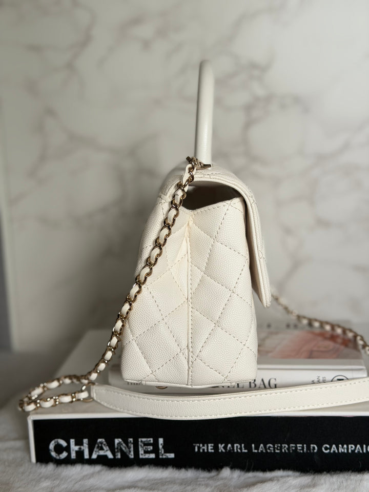 CHANEL White Caviar LGHW Coco Handle Flap Bag Size SMALL with detachable Strap Microchipped
