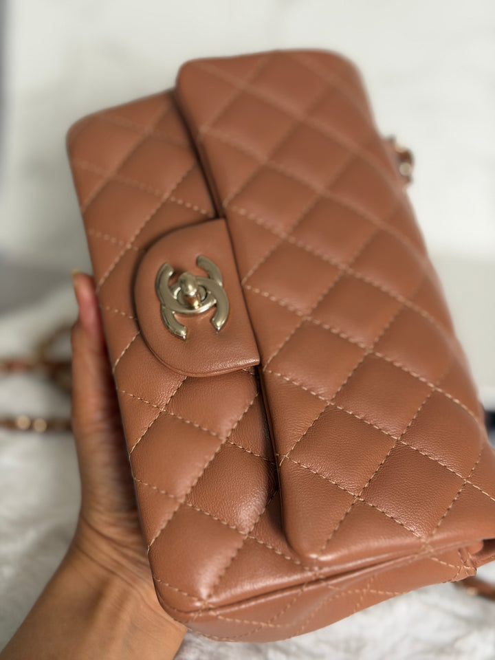 CHANEL 22S Caramel Brown NB356 Lambskin LGHW Mini Rectangular Flap Bag 2022