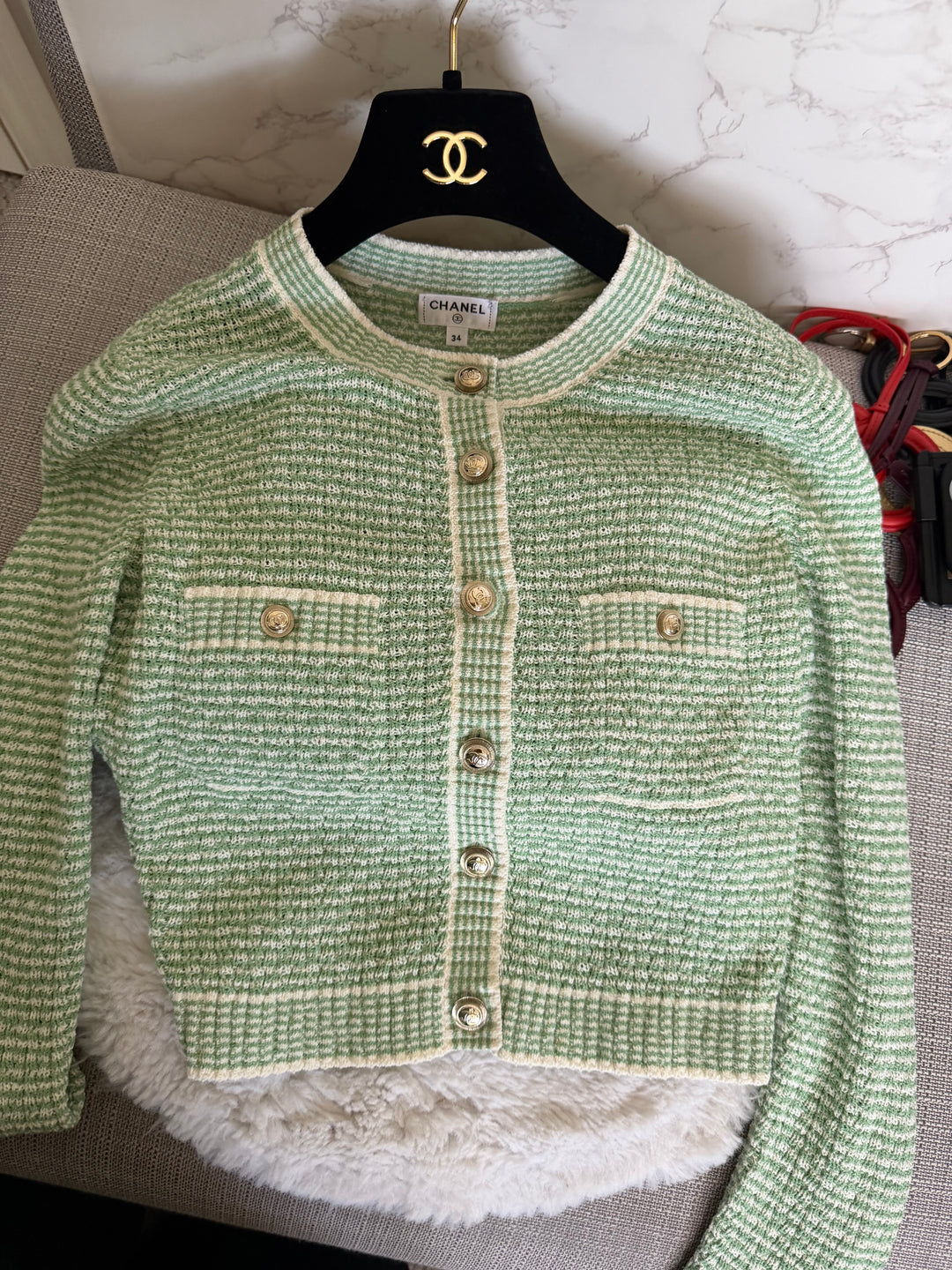 CHANEL 21C Green and White Knitted Cardigan size EU 34 2021