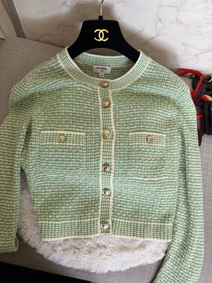 CHANEL 21C Green and White Knitted Cardigan size EU 34 2021