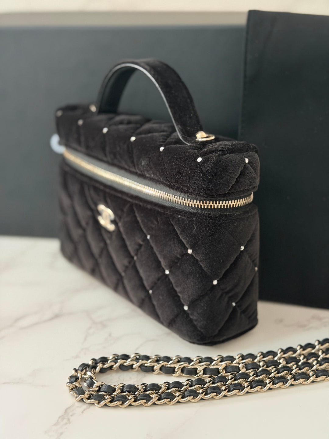 CHANEL 25K 2025 Black Velvet Diamanté Long Vanity with Detachable chain LGHW