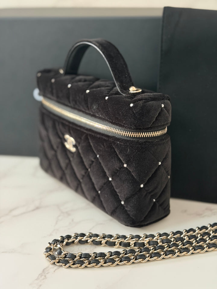 CHANEL 25K 2025 Black Velvet Diamanté Long Vanity with Detachable chain LGHW