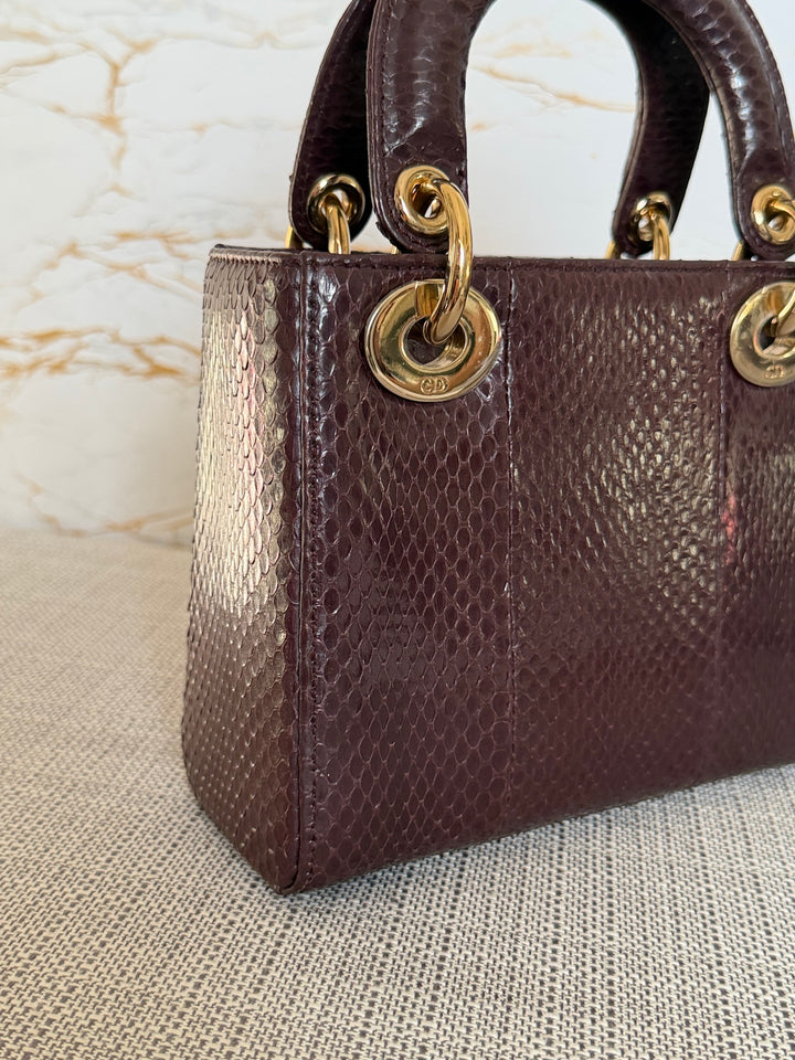 Dior Lady Dior MINI Burgundy Dark Red Python Leather 2018 LGHW