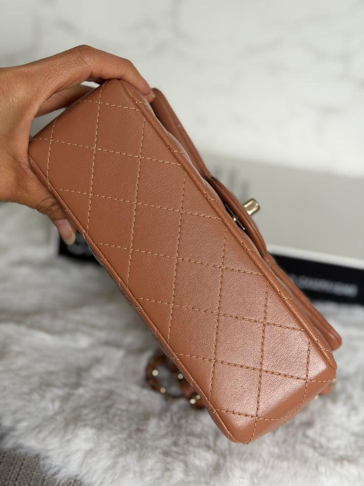 CHANEL 22S Caramel Brown NB356 Lambskin LGHW Mini Rectangular Flap Bag 2022