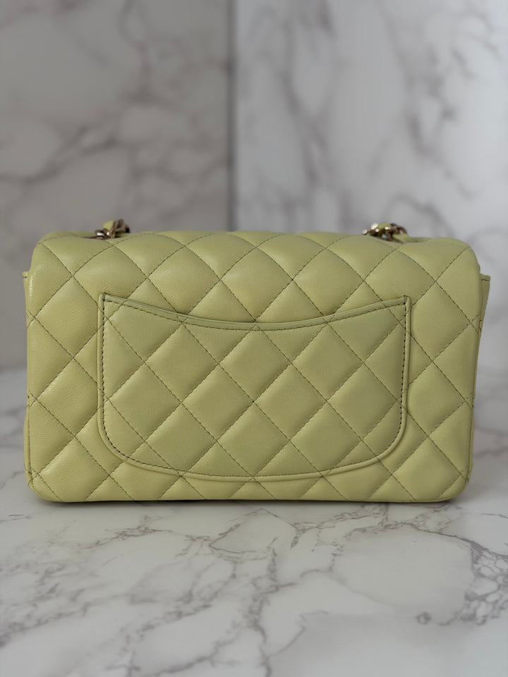 CHANEL 23C Collection 2022/2023 Cruise Pistachio Green Lambskin Mini Rectangular Flap Bag with Champagne GHW