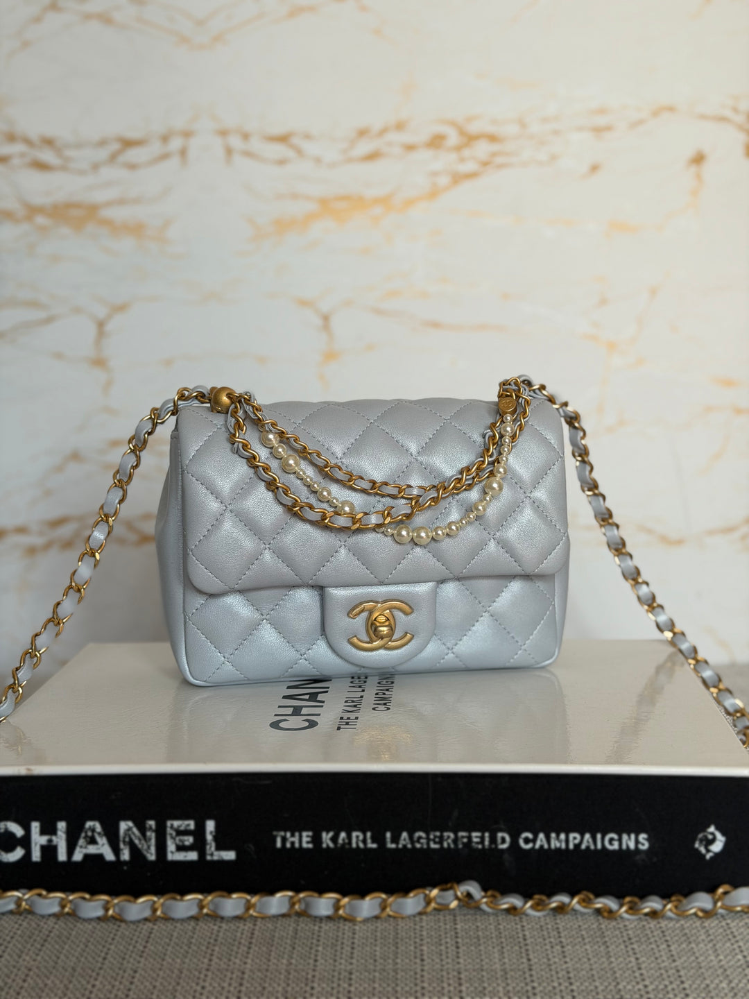 CHANEL Pearl Twist Pearly Light Blue Lambskin Mini Flap Bag 2023
