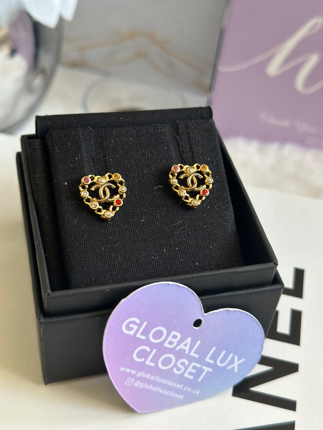 Chanel 21A Heart Multi coloured gems Gold tone earrings