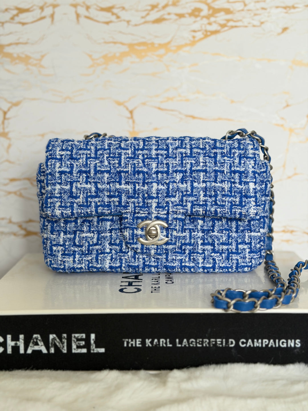 CHANEL 23P Cobalt Blue Muti Coloured Tweed Brushed SHW Mini rectangular flap bag 2023
