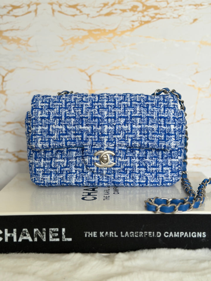 CHANEL 23P Cobalt Blue Muti Coloured Tweed Brushed SHW Mini rectangular flap bag 2023