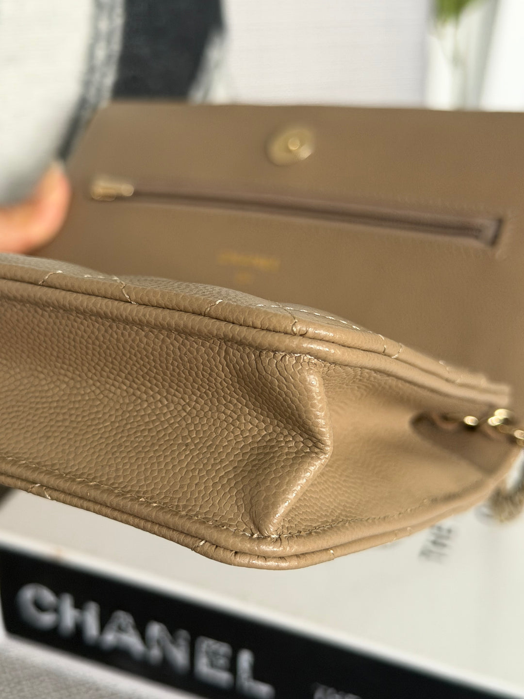 CHANEL 22A Dark Beige Caviar LGHW Classic Wallet on chain (WOC) 2023