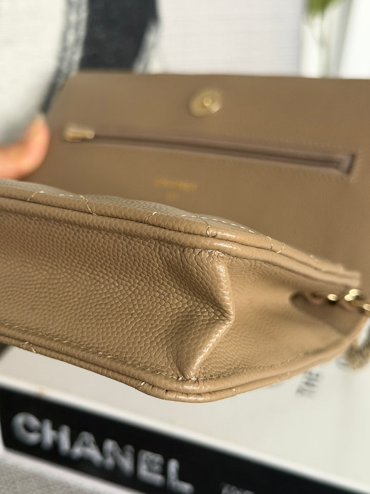 CHANEL 22A Dark Beige Caviar LGHW Classic Wallet on chain (WOC) 2023