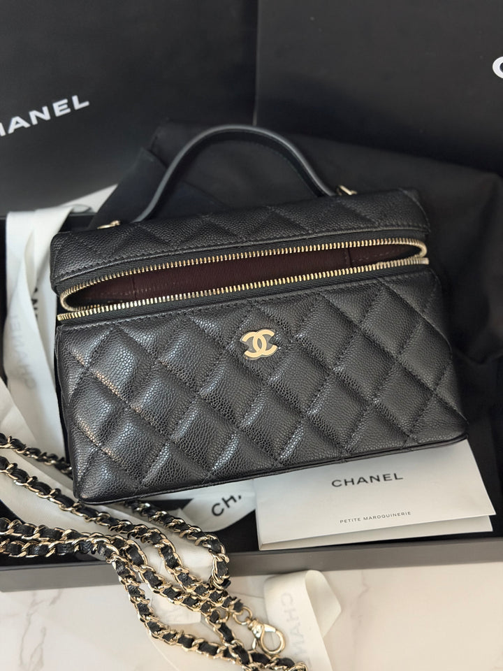 CHANEL Black Caviar LGHW Long Vanity with top handle and detachable chain