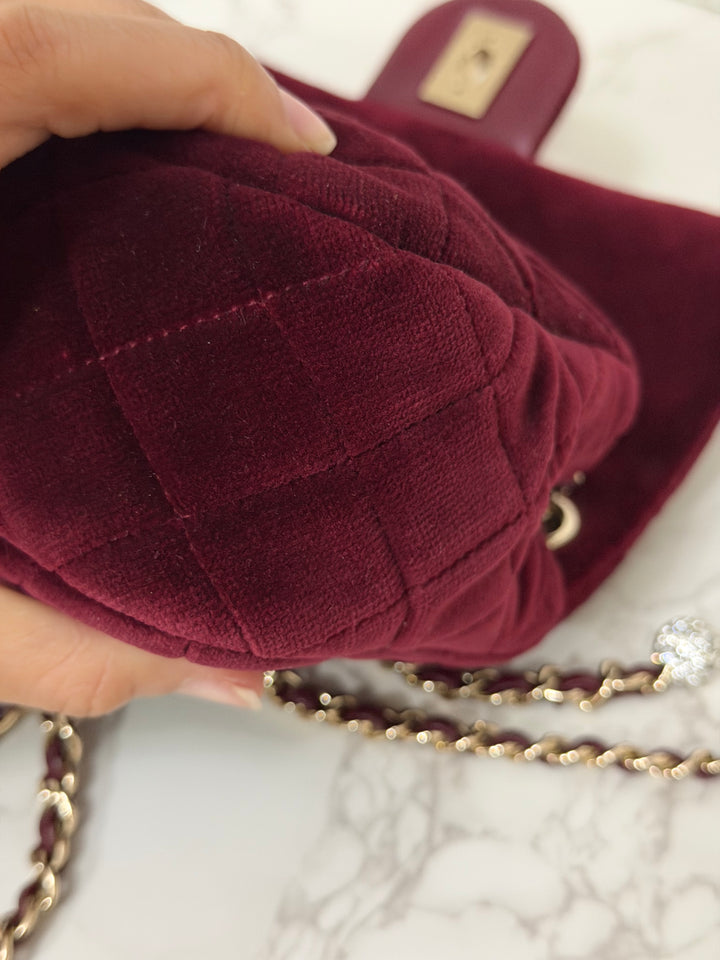 CHANEL series 31 Dark Red/Burgundy Velvet Adjustable Crystal Pearl Crush Mini Rectangular Flap Bag LGHW 2020/2021