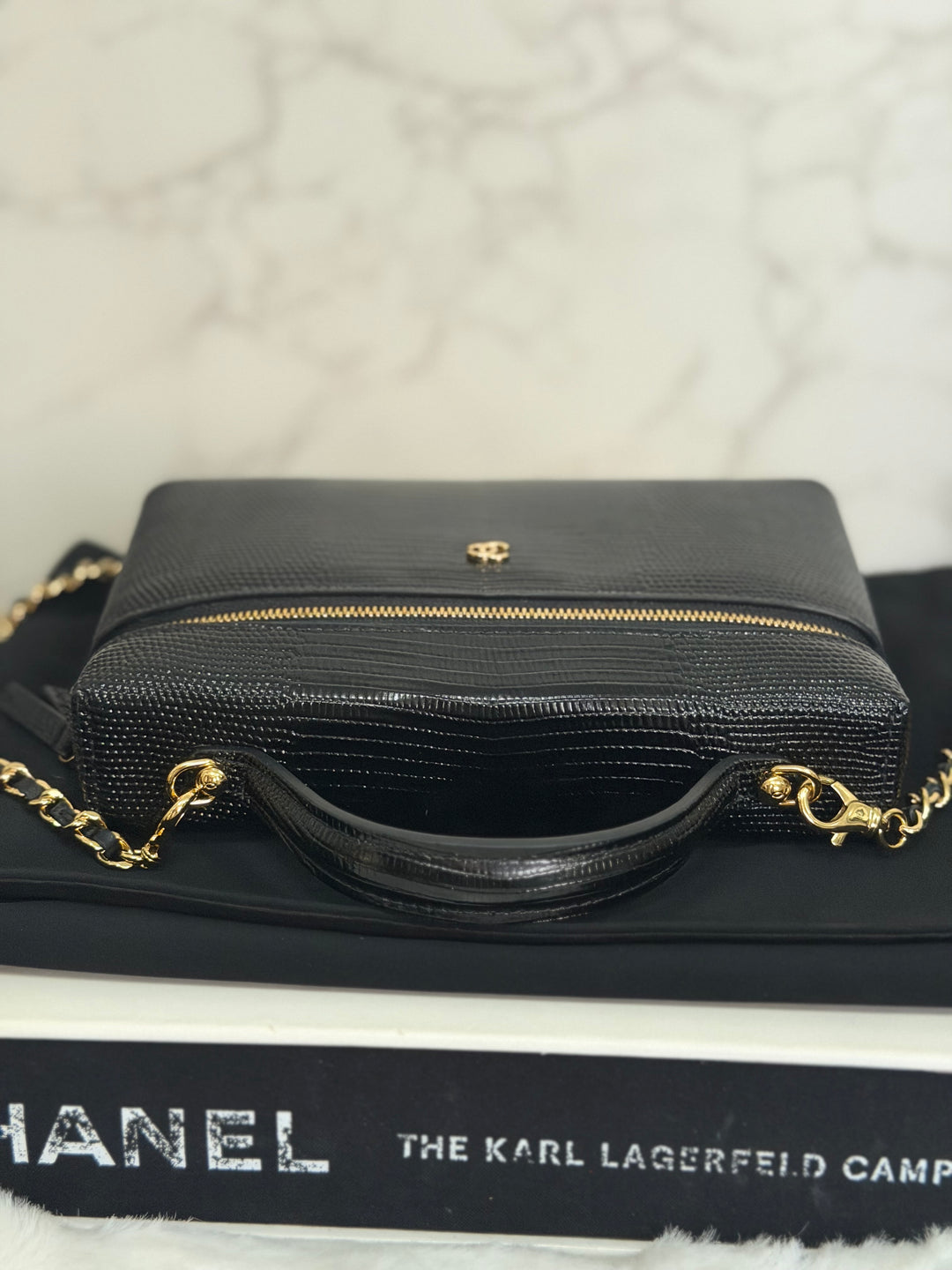 CHANEL Black Lizard Embossed Calf Skin GHW LP Long Vanity with top handle 26A 2026