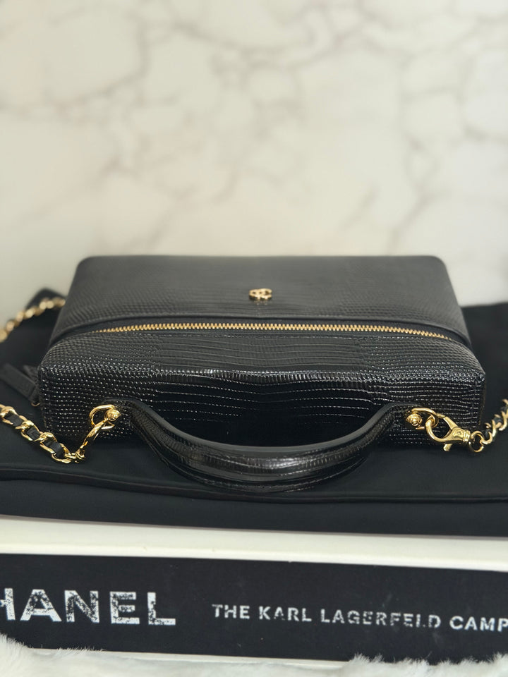 CHANEL Black Lizard Embossed Calf Skin GHW LP Long Vanity with top handle 26A 2026
