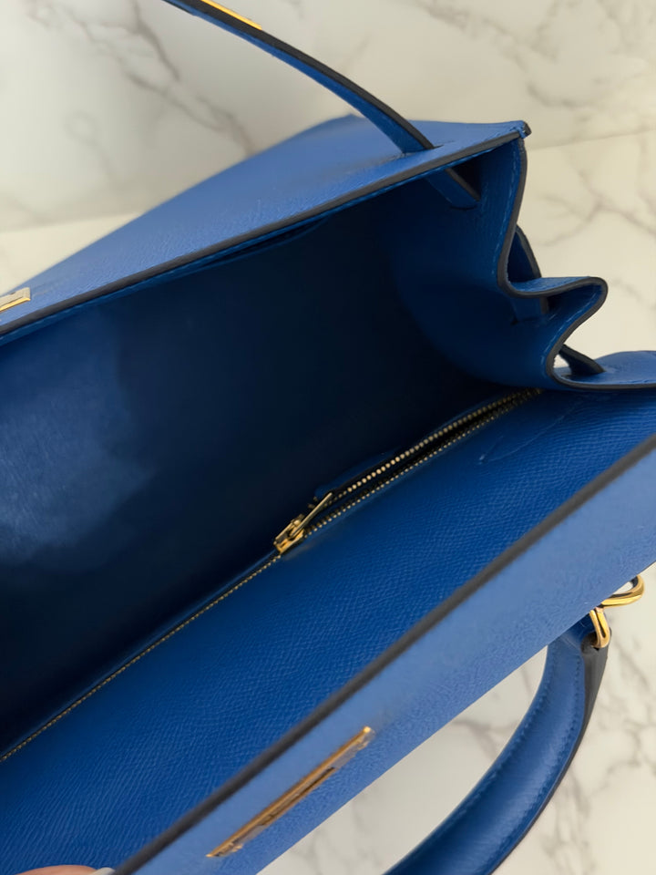 Hermes Blue Hydra Epsom Sellier Kelly 28 GHW Stamp C 2018