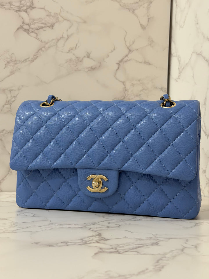 CHANEL 25C 2025 Periwinkle Blue Caviar LGHW Medium ML Timeless Classic Double Flap Bag
