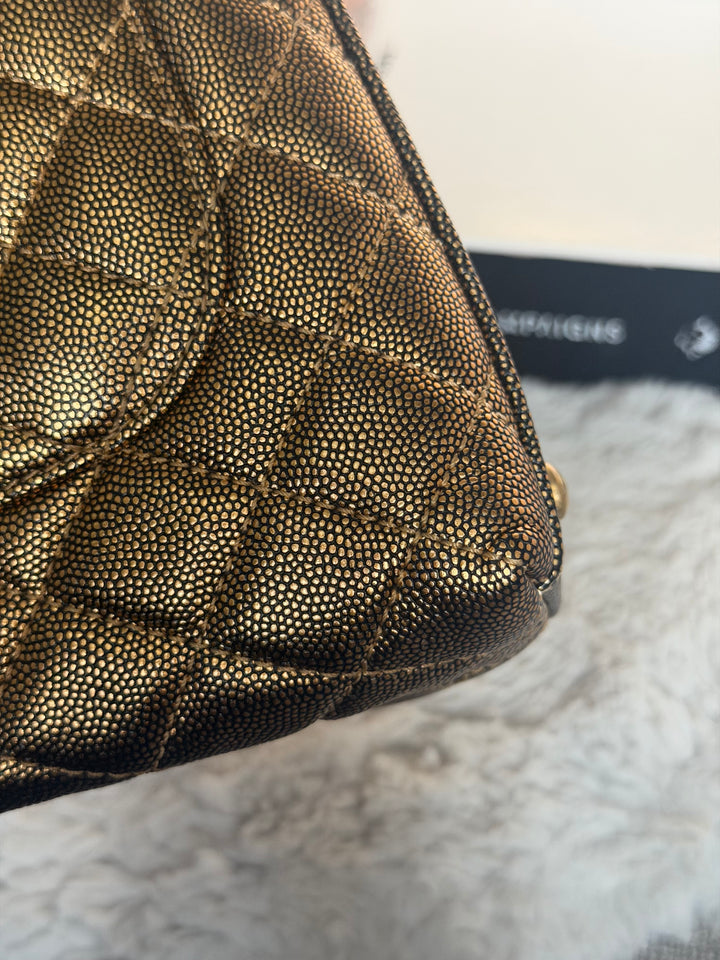 CHANEL series 28 19A Metallic Bronze Gold Caviar Aged GHW Coco Handle Flap Bag size SMALL with detachable shoulder strap 2019