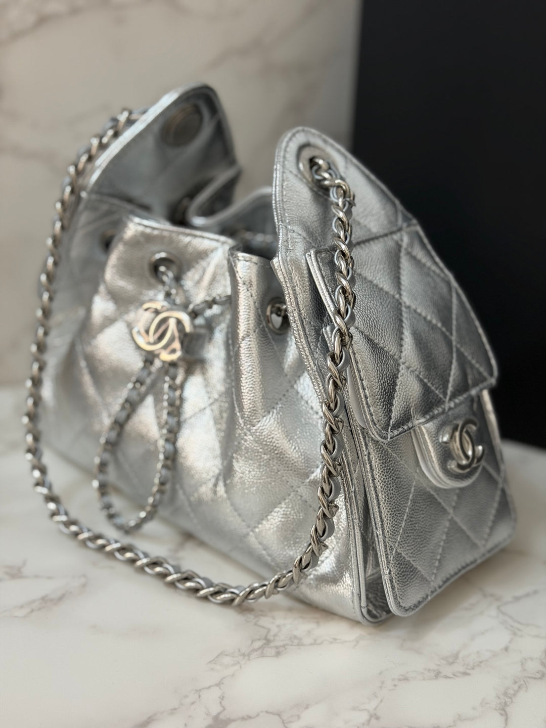 CHANEL 26C Silver Caviar shiny SHW Mini 25 Hobo Bag