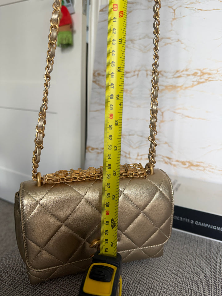 CHANEL Gold Metallic Lambskin CC Crystal Logo Chain Flap Bag 2022