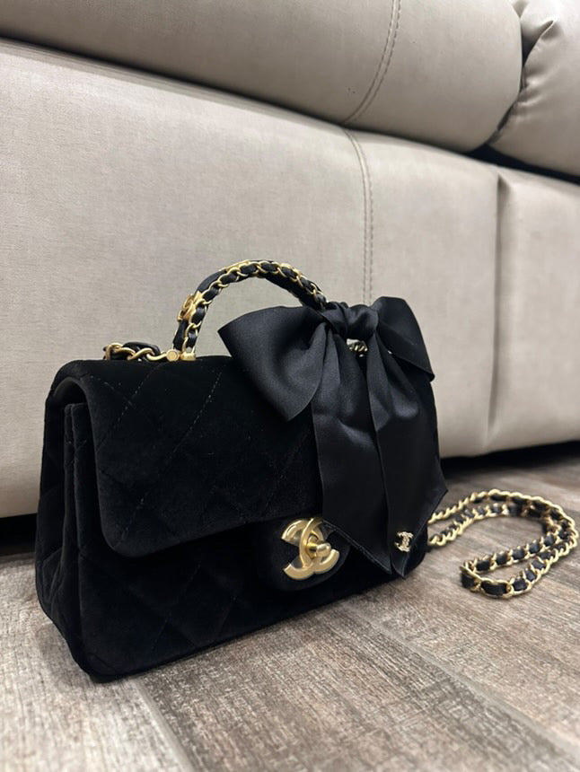 CHANEL 25K Collection 2025 Black Velvet Bow LGHW Mini Rectangular Flap Bag with Metal Top Handle