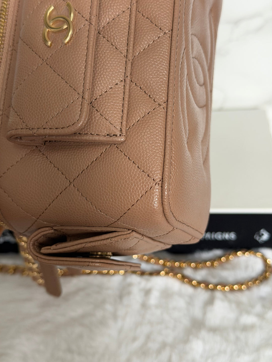 CHANEL Dark Beige Caviar Cargo Polly Pocket Vanity Case with Top Handle GHW 2023