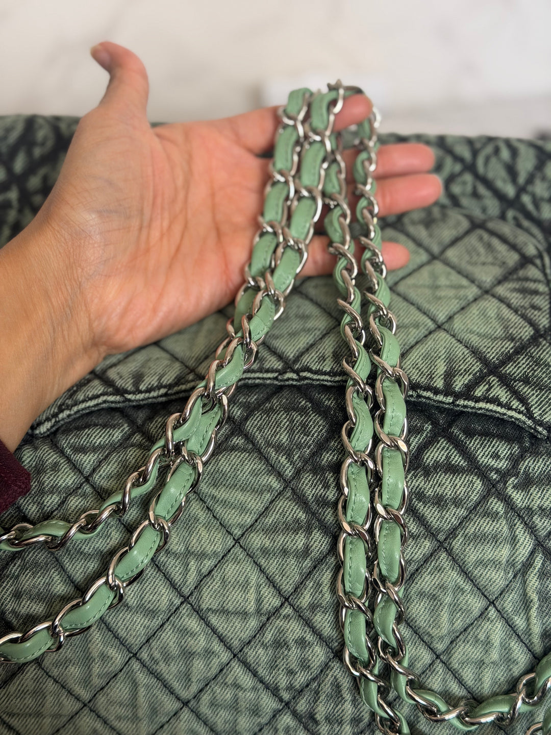 CHANEL 20C series 29 Green Denim Jumbo SHW Denimpression Flap Bag 2020