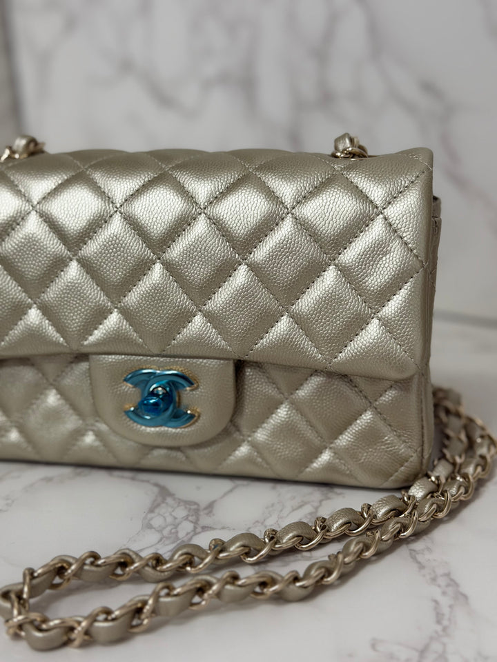 CHANEL series 23 Champagne Gold Caviar LGHW Mini Rectangular Flap Bag