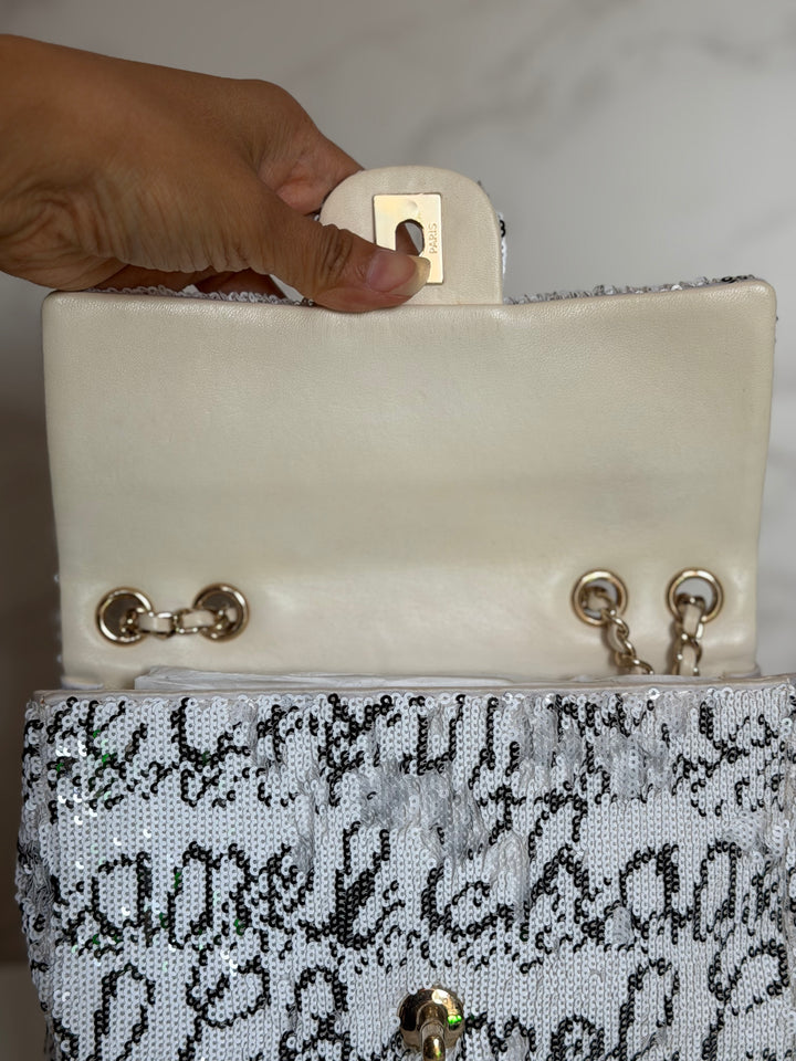 CHANEL 22C White and Black Sequin SMALL Flap Bag LGHW 2022