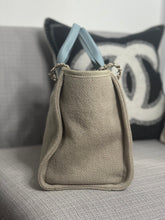 Load image into Gallery viewer, Chanel Beige And Light Blue Mixed Fibres Deauville Tote with Leather Top Handle Size Small
