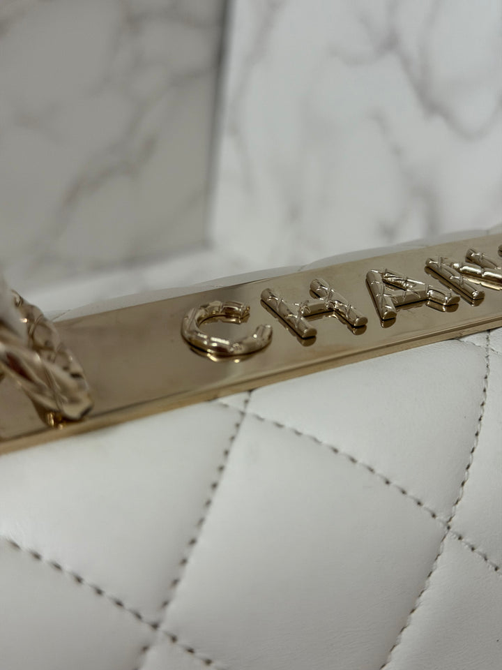 CHANEL 23S collection 2023 White Lambskin LGHW Trendy CC Flap Bag size Small with raised CHANEL Engraved Plate Top Handle