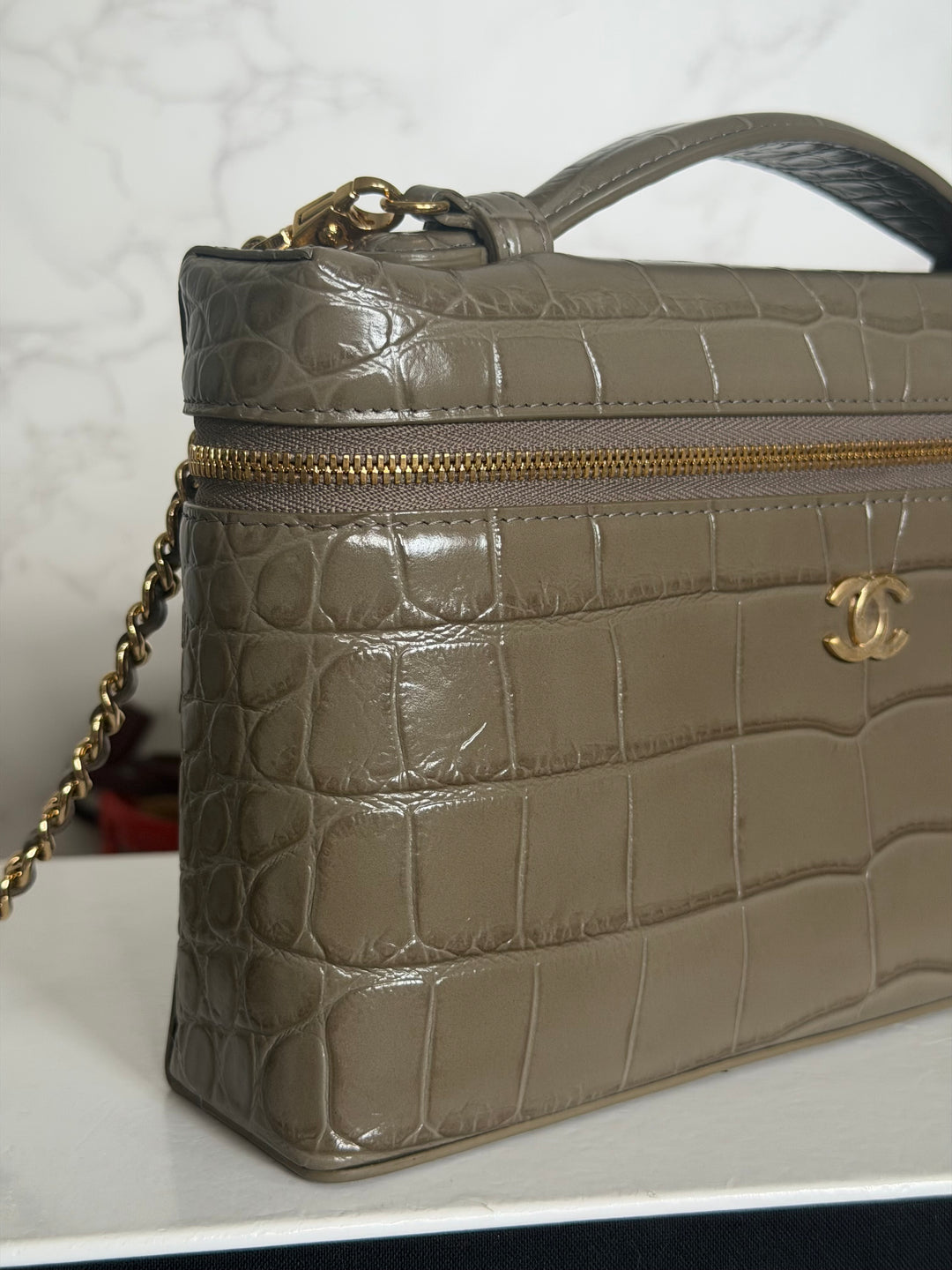 CHANEL 26A Etoupe Khaki Croc Embossed Calf skin LGHW LP Long Vanity size Medium 23 cms with detachable chain 2026