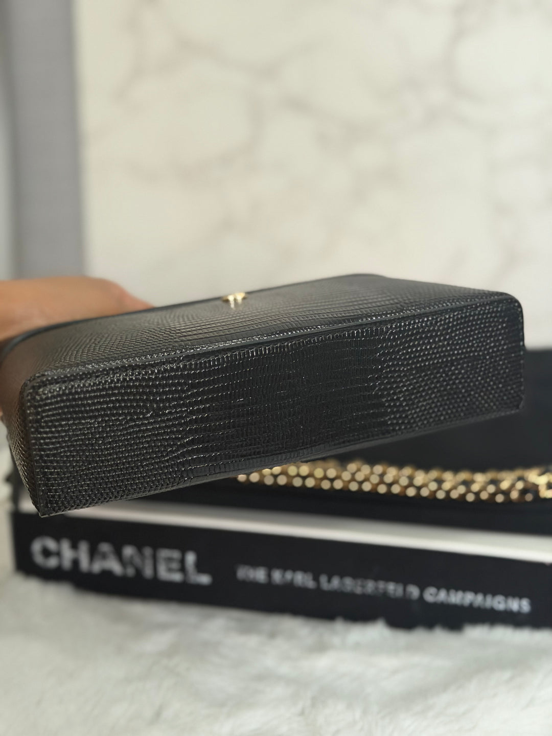 CHANEL Black Lizard Embossed Calf Skin GHW LP Long Vanity with top handle 26A 2026
