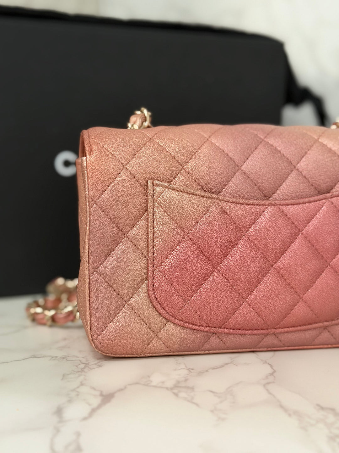 CHANEL 21S Ombré Rose Gold Metallic Copper Lambskin LGHW Mini Rectangular Flap Bag 2021