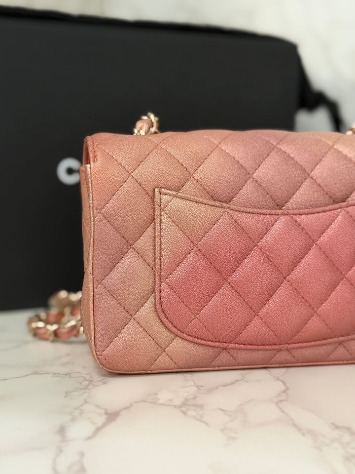 CHANEL 21S Ombré Rose Gold Metallic Copper Lambskin LGHW Mini Rectangular Flap Bag 2021
