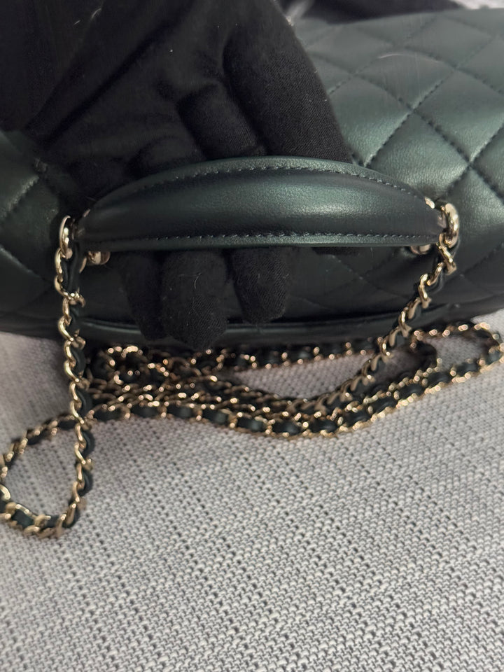 Chanel Iridescent Dark Green Lambskin Mini Rectangular Flap Bag with Top Handle and Champagne GHW