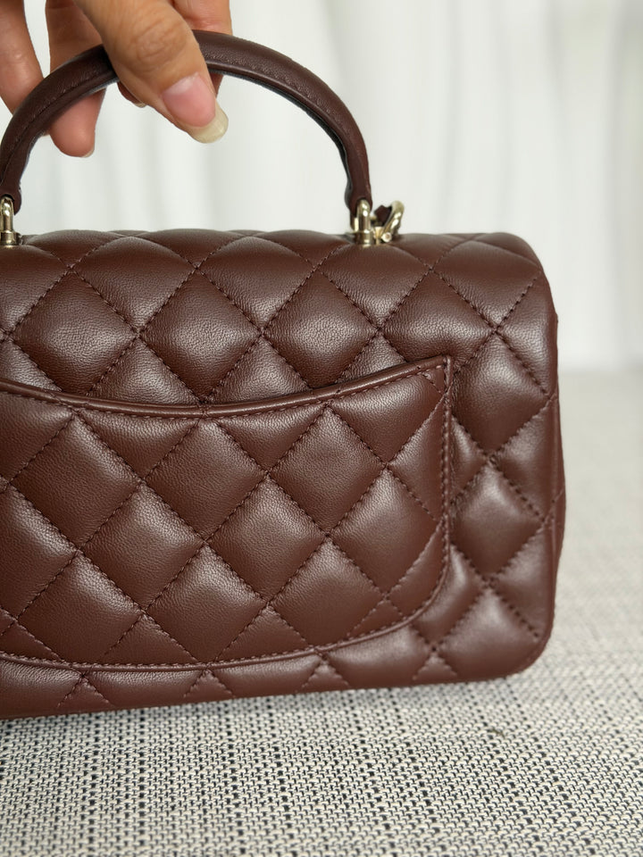 CHANEL 25K collection 2025 Brown Lambskin LGHW Mini Rectangular Flap Bag with Leather Top Handle