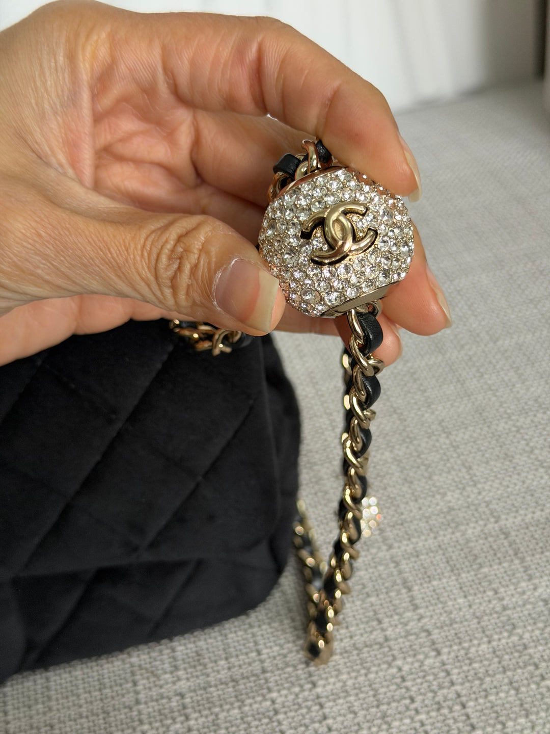 CHANEL series 30 2020 20K collection Black Velvet Crystal Pearl Crush Adjustable Strap LGHW Mini Rectangular Flap Bag