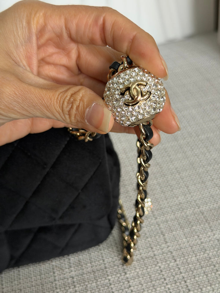CHANEL series 30 2020 20K collection Black Velvet Crystal Pearl Crush Adjustable Strap LGHW Mini Rectangular Flap Bag