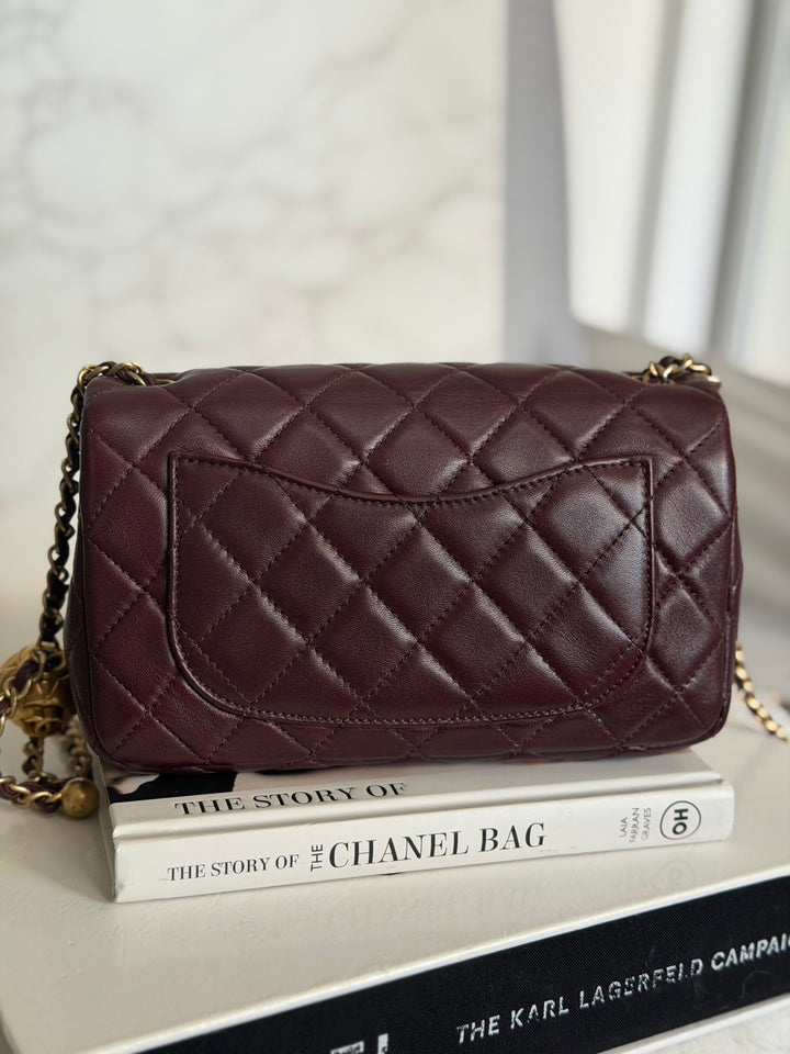 CHANEL 21B Burgundy Lambskin Aged GHW Pearl Crush Mini Rectangular Flap Bag 2021