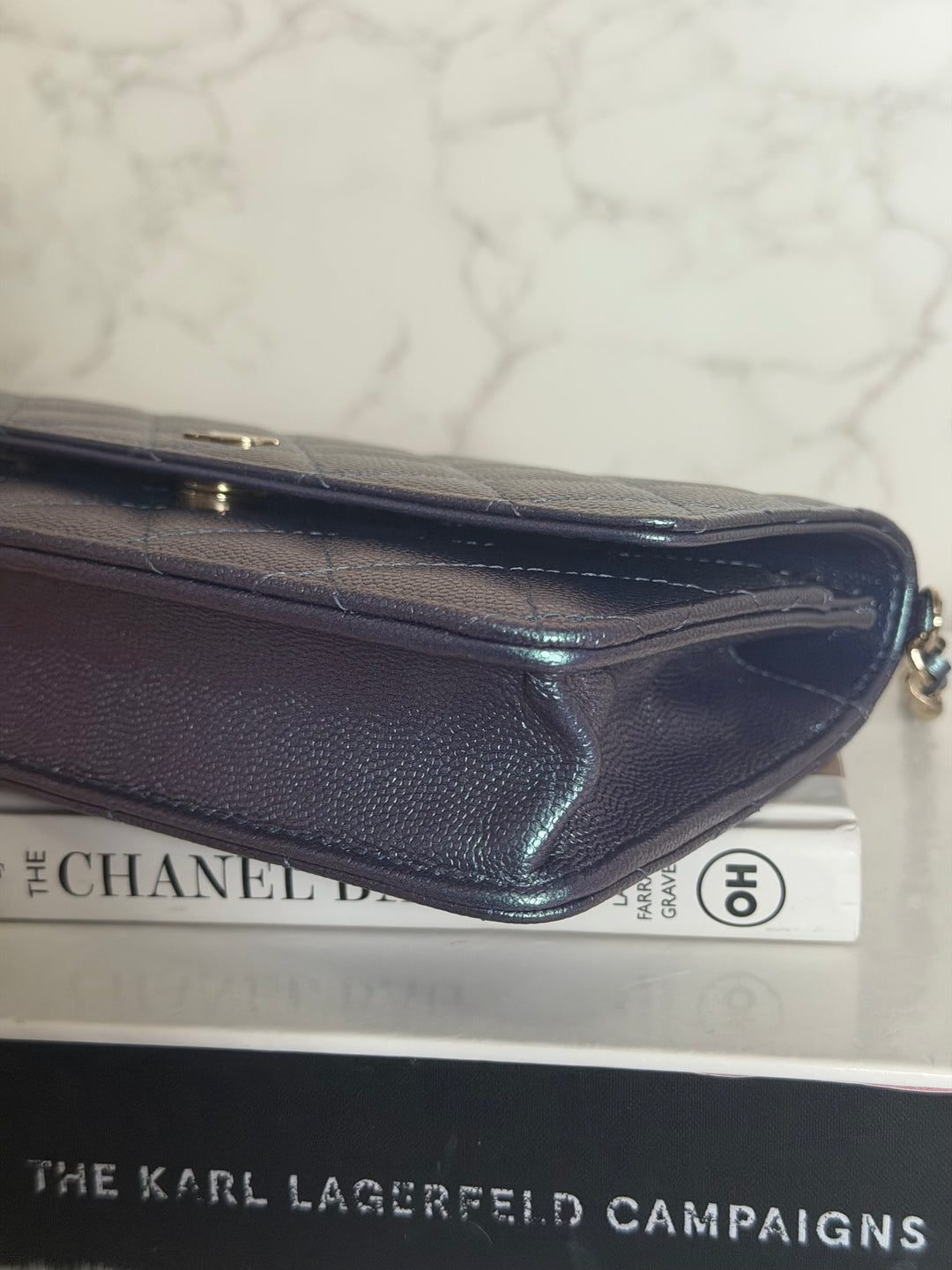 CHANEL 22P Iridescent Purple Caviar LGHW 2022 Classic Wallet On Chain (WOC)