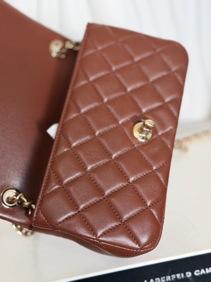 CHANEL 26S Brown Lambskin Adjustable Chain LGHW Mini Rectangular Flap Bag 2026