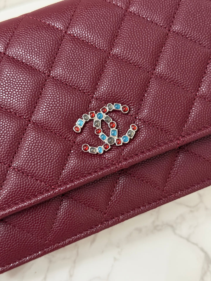 CHANEL 2024 Burgundy Caviar SHW Classic Wallet on chain (WOC) with crystal CC Logo