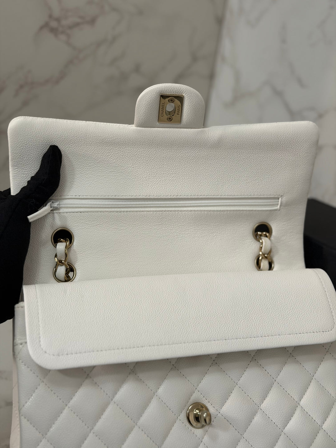 CHANEL 2023 White Caviar LGHW Medium ML Timeless Classic Double Flap Bag