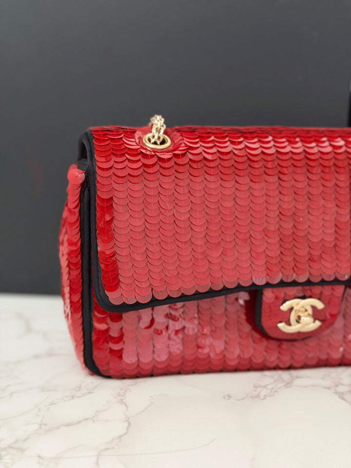 CHANEL series 13 2010 Red Sequin and Black Satin Paris-Shanghai Medium Flap Bag Gold Hardware