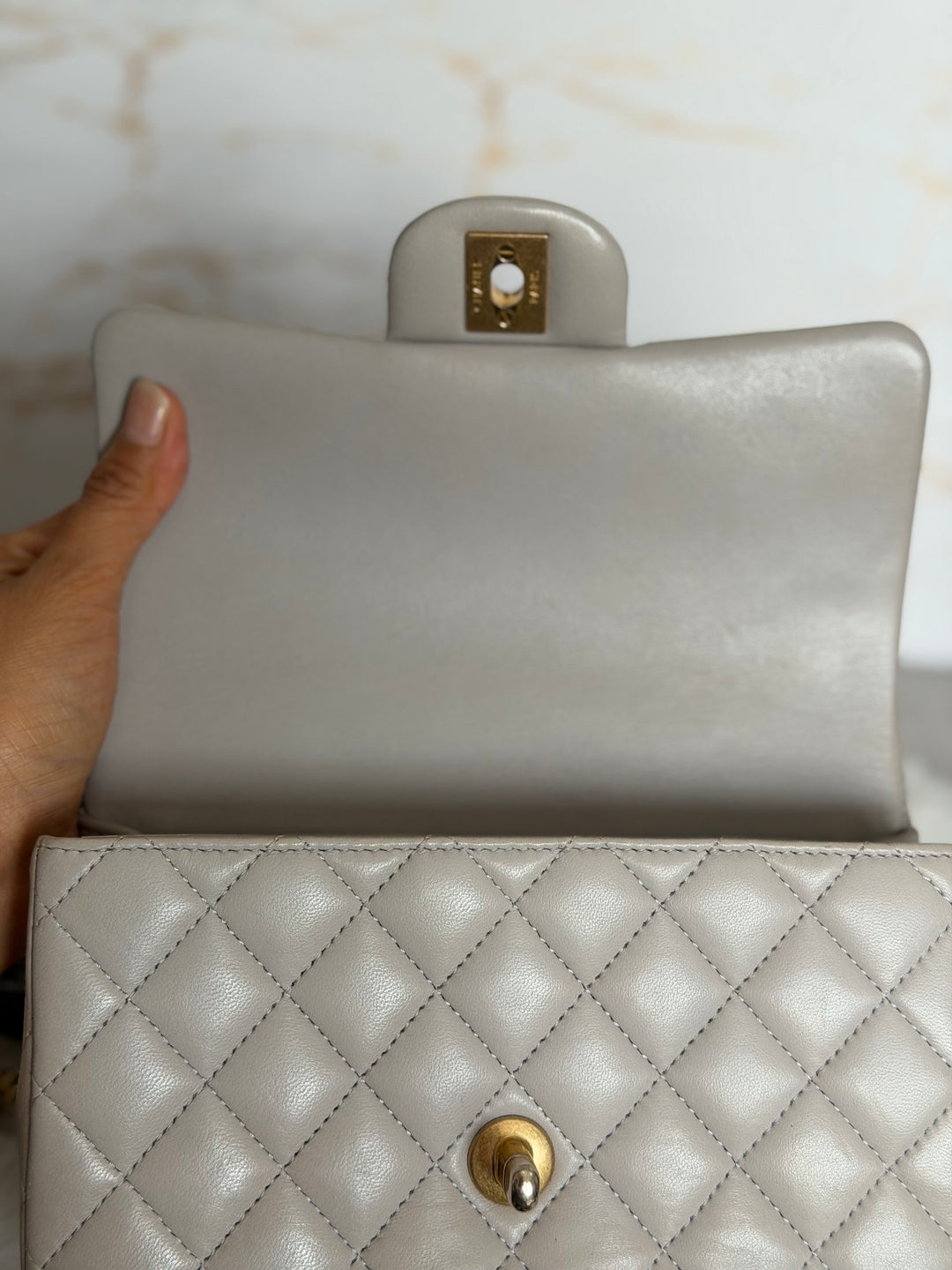 CHANEL Grey Lambskin aged GHW Mini Rectangular Flap bag Top Handle 2021 21A collection