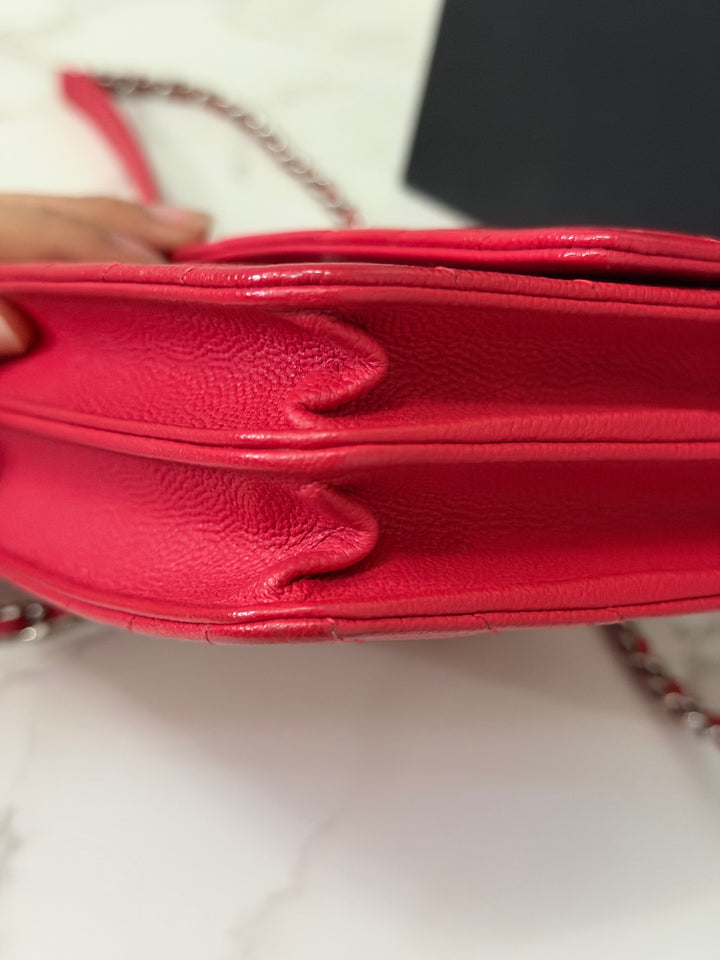 CHANEL series 25 2018 Dark pink chevron caviar SHW Square Wallet On Chain (WOC)