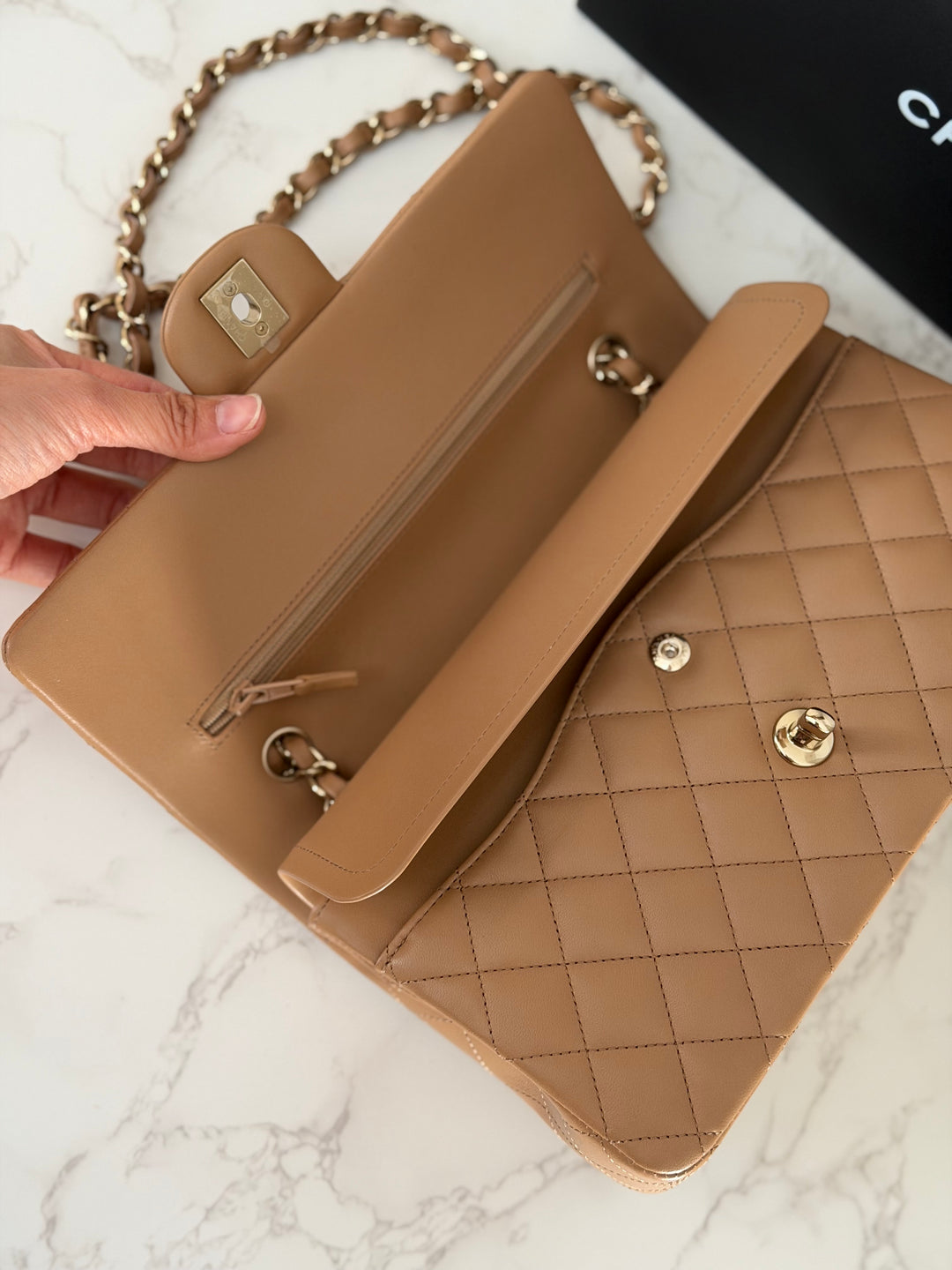 CHANEL 22K 2022 Dark Beige Lambskin LGHW Medium ML Timeless Classic Double Flap Bag