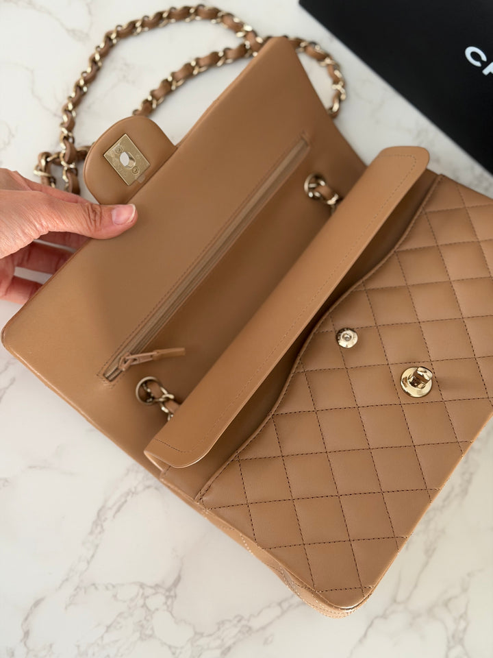 CHANEL 22K 2022 Dark Beige Lambskin LGHW Medium ML Timeless Classic Double Flap Bag