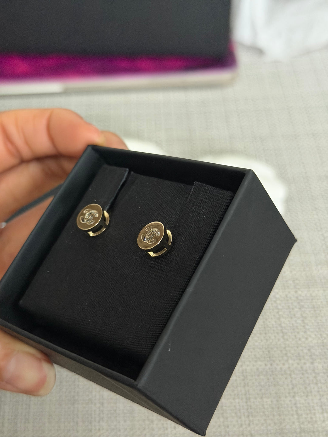 CHANEL 2024 Light Gold Round Earrings with Crystals 0.5 cms diameter